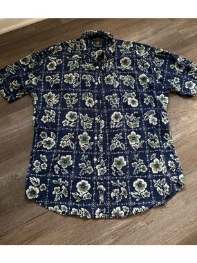 VTG Ralph Lauren Navy Floral Hawaiian Shirt Cotton Button Down Polo Shirt L